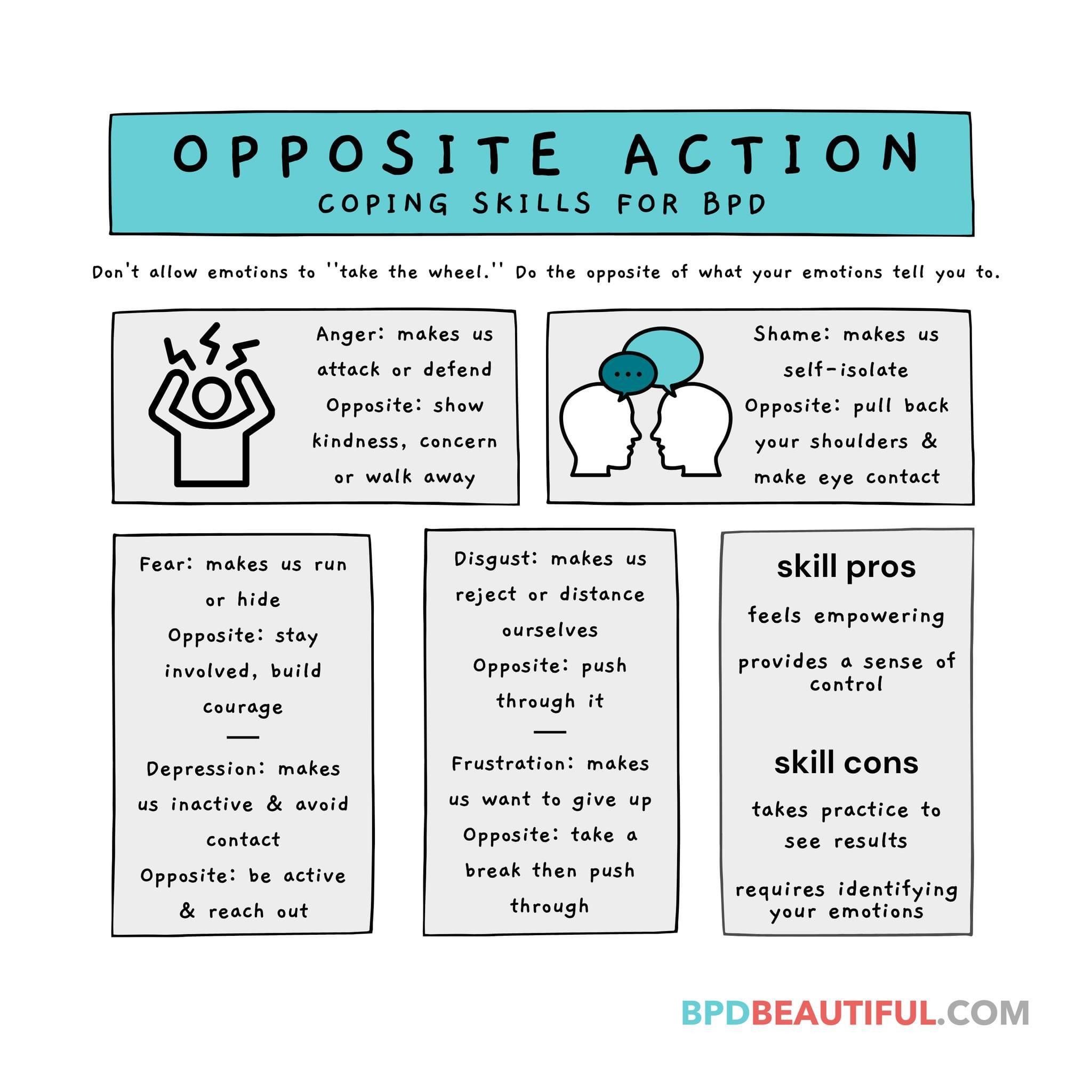 coping skills for bpd: opposite action graphic from bpd beautiful's instagram